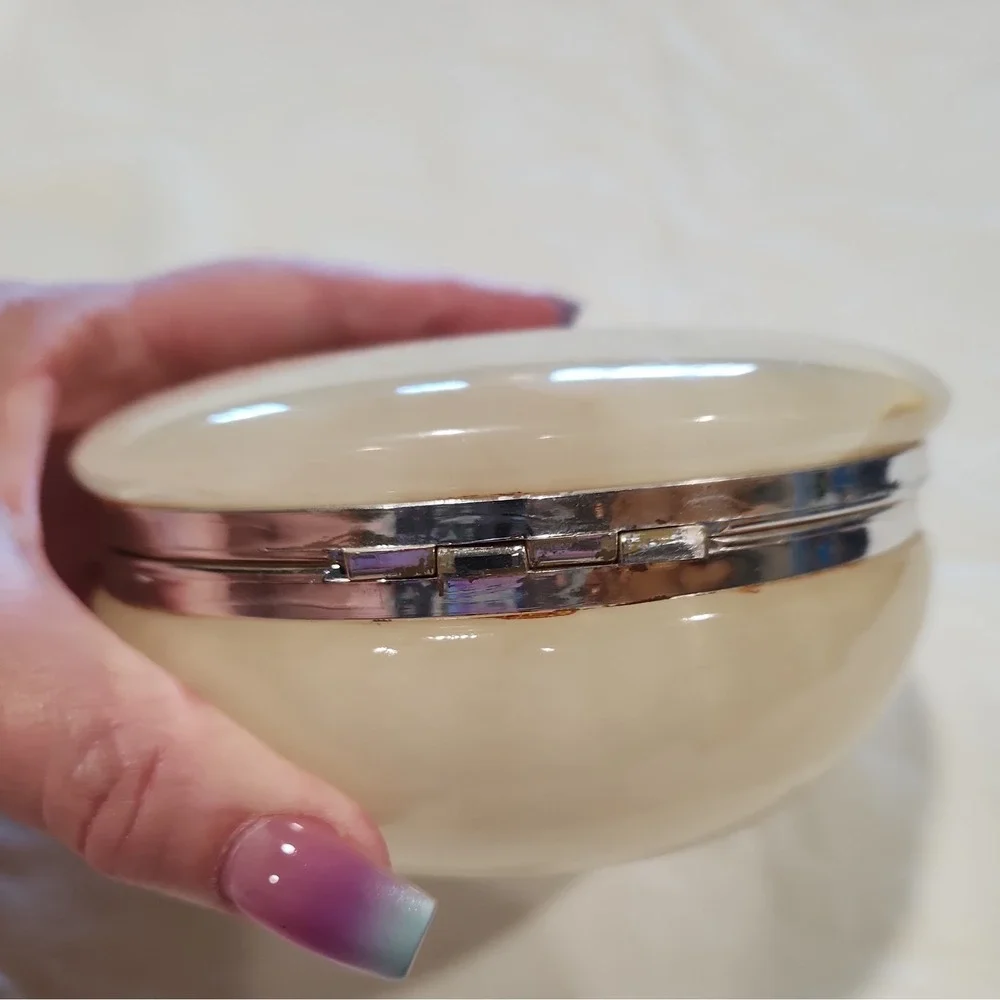Vintage Alabaster Floral Powder Vanity Jar Hinged Lid Italy No Marks EUC